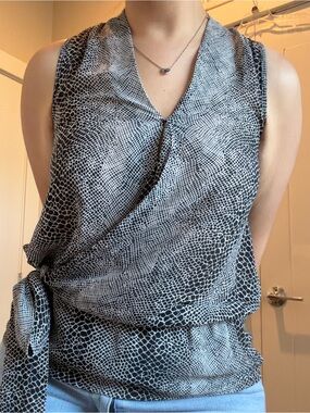 Michael Kors Black and White Animal Print Sleeveless Wrap Blouse